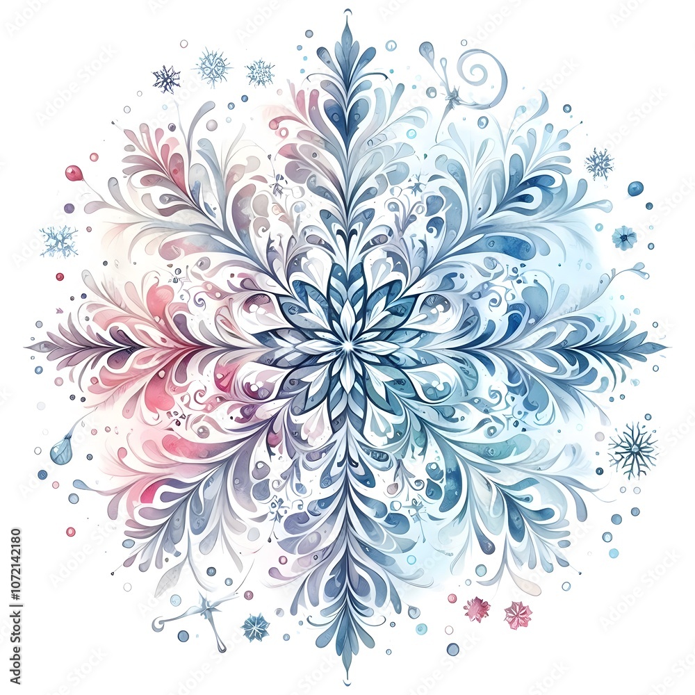 Fototapeta premium 흰 배경, 눈송이, 수채화 (white background, snowflake, water colour)