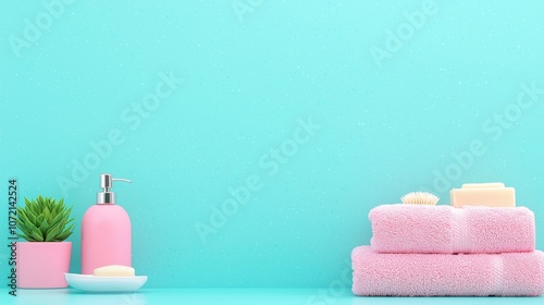 A serene minimalist bathroom scene featuring pink towels, a pink bottle, and a small plant against a vibrant blue background.