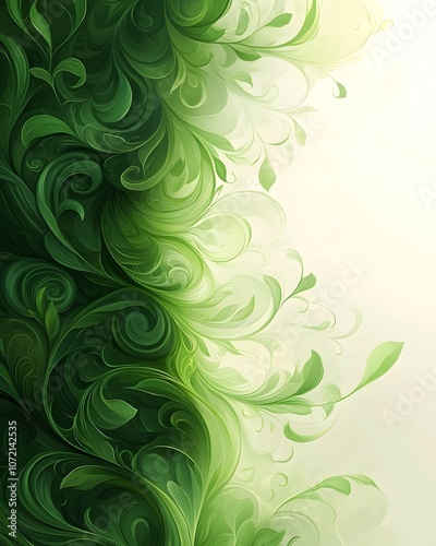 An intricate design featuring swirling green leaves and delicate tendrils against a soft, light background, evoking a sense of nature and tranquility.