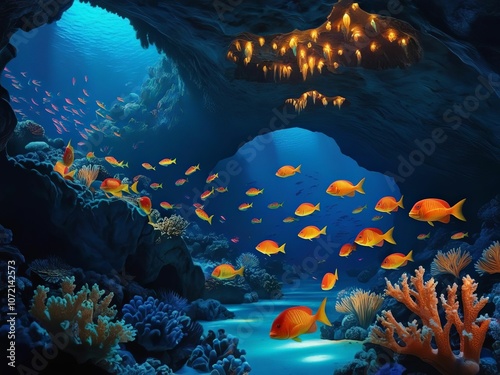 Explore the vibrant underwater world filled with colorful fish and stunning coral reefs in a mysterious cave setting photo