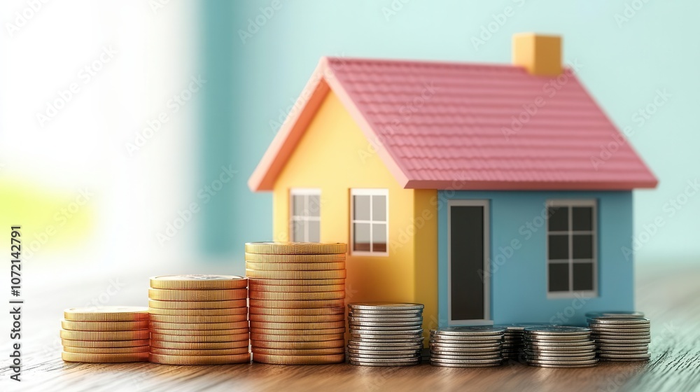 A colorful toy house with stacks of coins beside it, symbolizing real estate investment and financial growth.