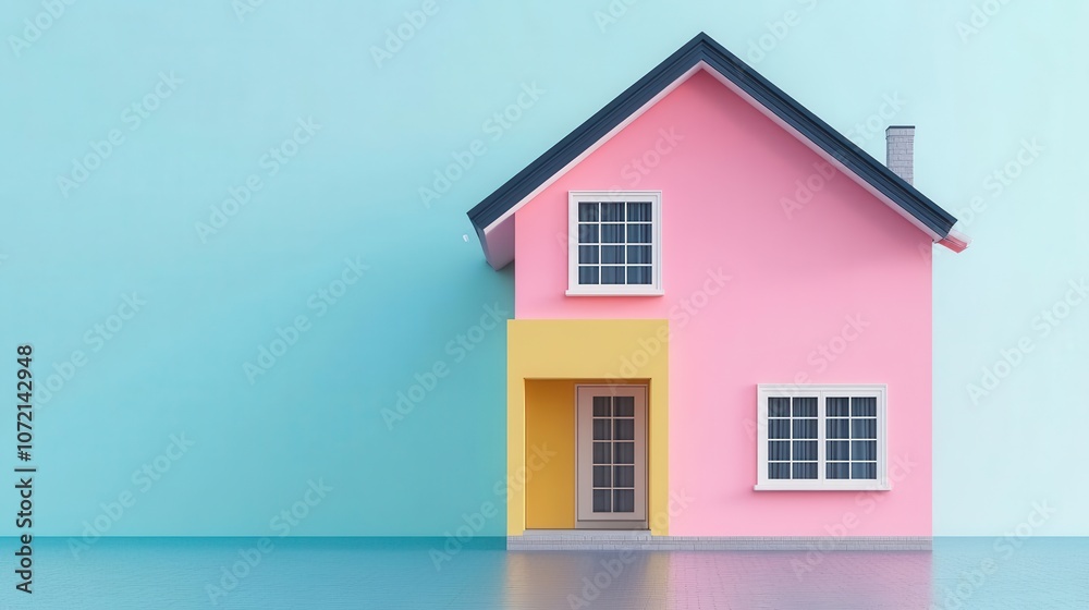A whimsical, colorful house stands alone against a light blue background, partially submerged in water, evoking a dreamlike and surreal atmosphere. A whimsical, colorful house stands alone against a light blue background, partially submerged in water, evoking a dreamlike and surreal atmosphere.