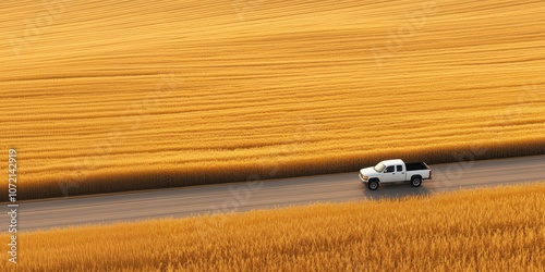 Truck driving through golden wheat fields, scenic rural landscape