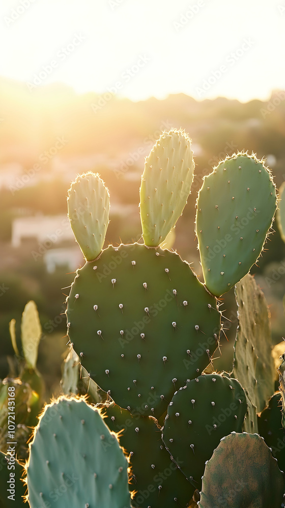 Prickly pear cactus plant in warm sunset light, close-up with blurred background. Prickly pear cactus plant in warm sunset light, close-up with blurred background.