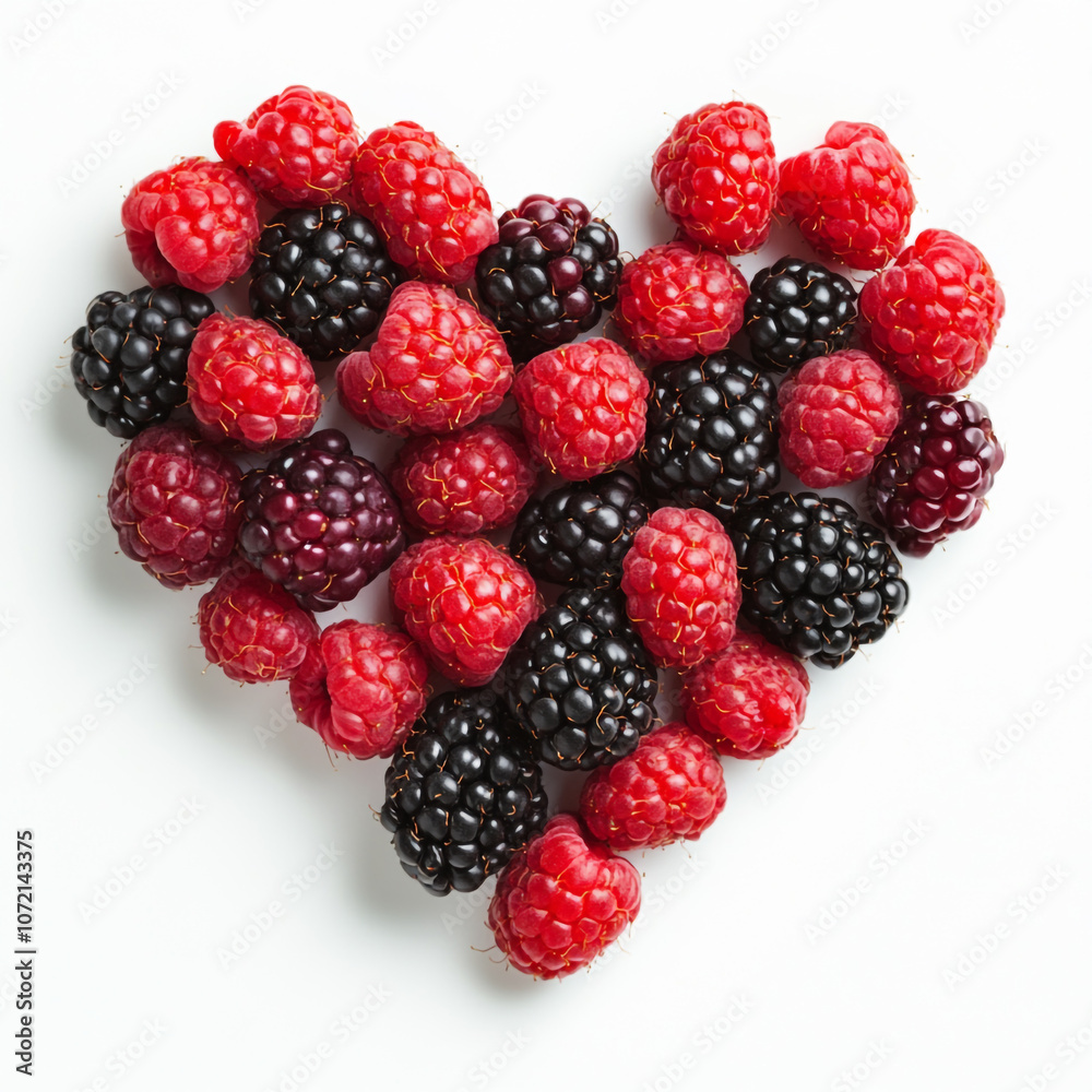 A heart shape made of blackberries and raspberries on a white background.