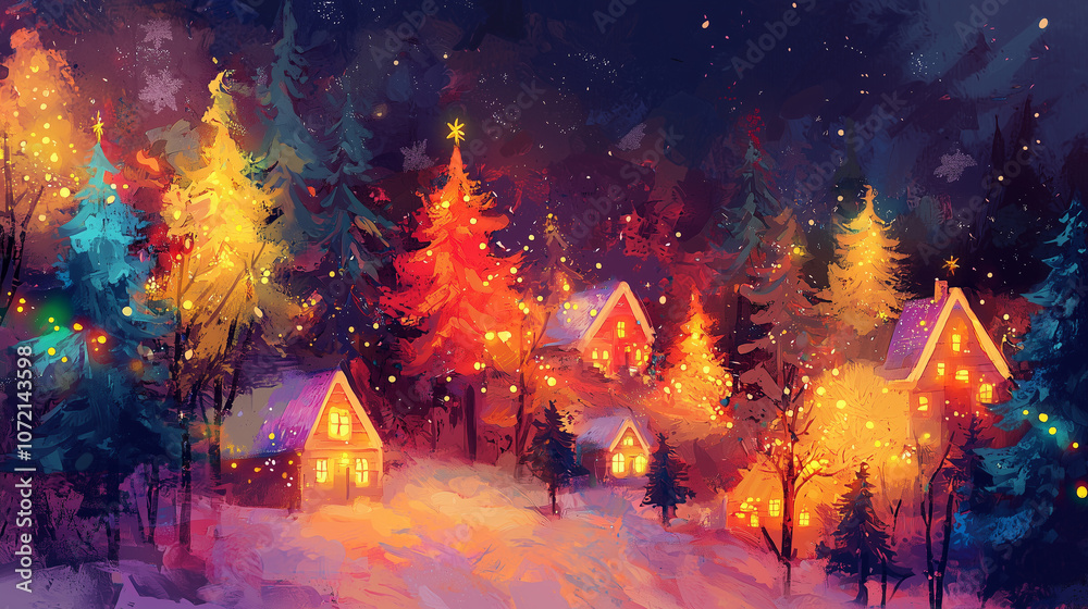 Obraz premium A vibrant winter scene featuring homes illuminated by colorful lights amidst snow-covered trees.