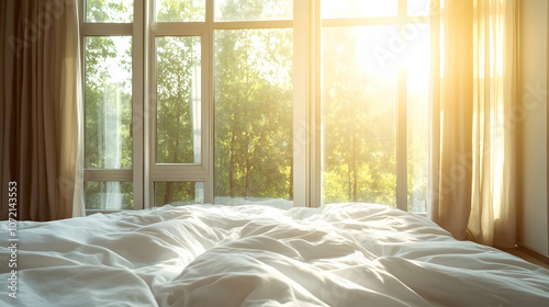 Sunlit bedroom with white bedding and large window overlooking green trees.