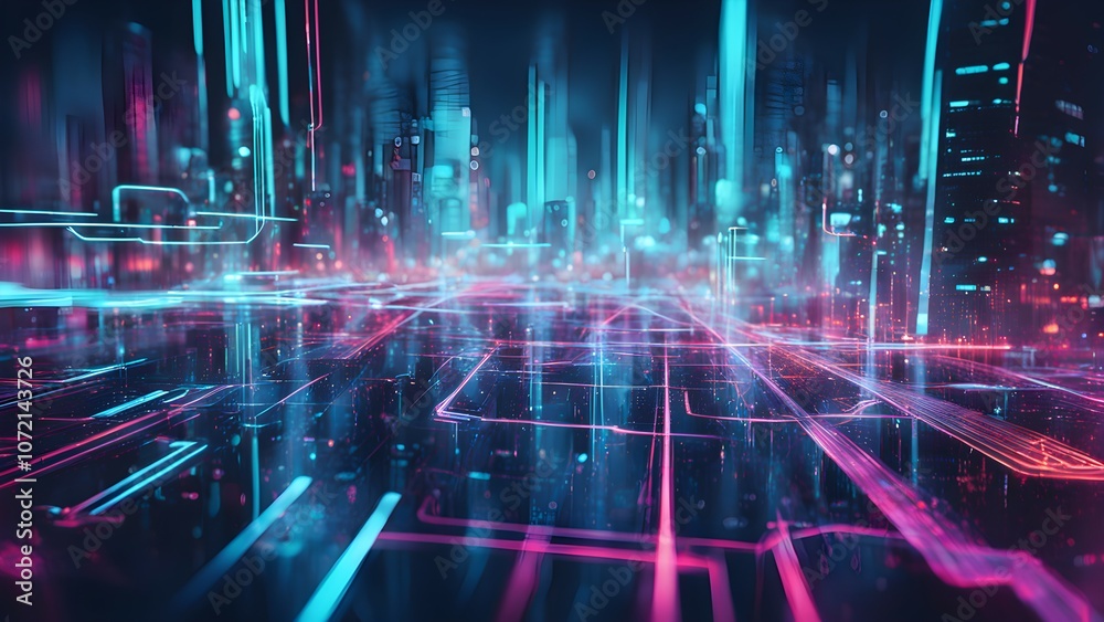 Obraz premium Futuristic cityscape with neon lights and digital elements.