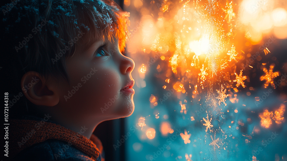 Child Gazing at Frosted Window with Snowflakes and Golden Lights Child Gazing at Frosted Window with Snowflakes and Golden Lights
