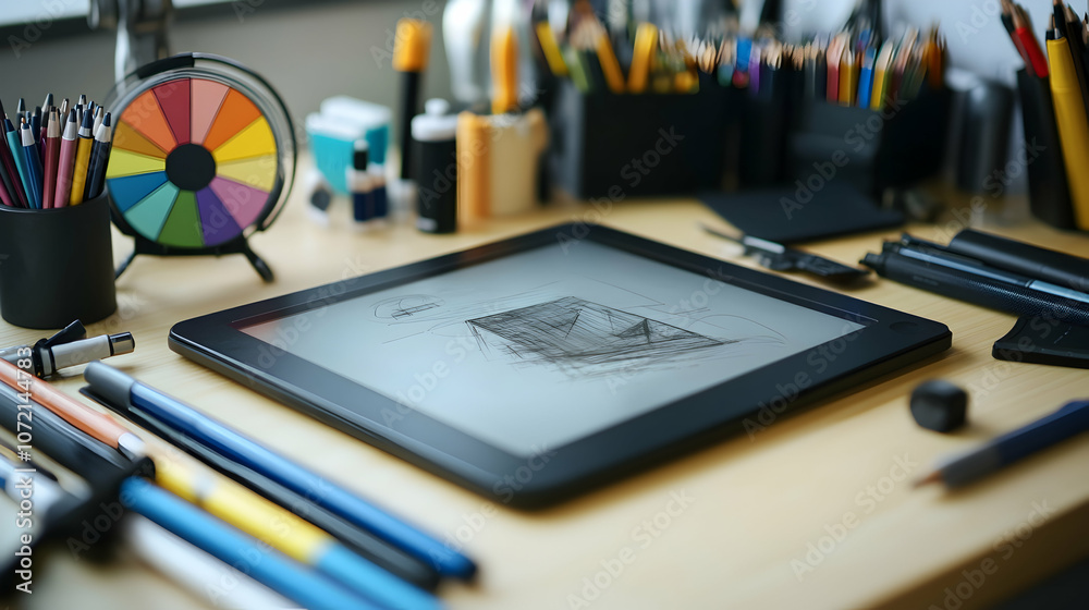A digital tablet with a drawing app open on the screen sits on a desk with art supplies. A digital tablet with a drawing app open on the screen sits on a desk with art supplies.