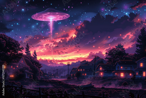 A glowing UFO emits a pink beam over a quiet suburban neighborhood under a vibrant, starry sky with colorful clouds at dusk. photo