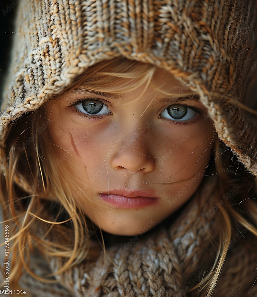 Little Girl in Knitted Hat Looking Pensively Little Girl in Knitted Hat Looking Pensively