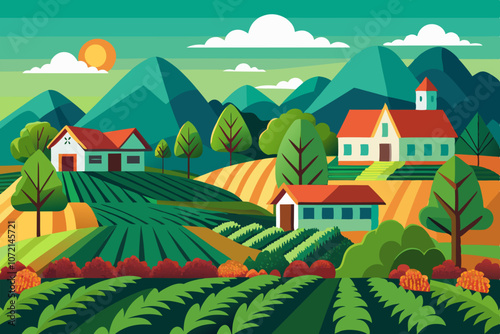 Illustration of a view of an agricultural field with a beautiful farmhouse and mountains