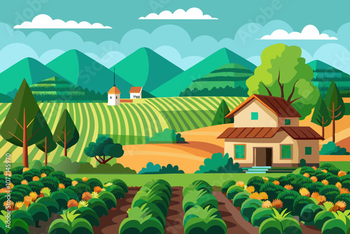 Illustration of a view of an agricultural field with a beautiful farmhouse and mountains