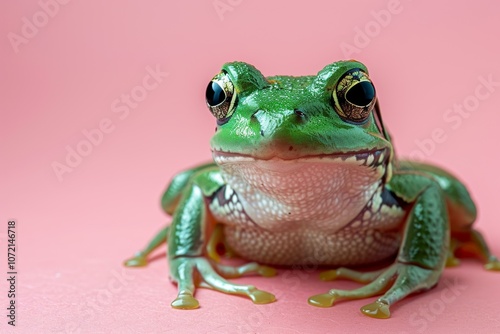 A green frog sits on a pink background photo