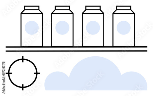 Four milk cartons on a shelf, a target symbol, and a cloud. Ideal for supply chain, environmental impact, retail, dairy industry, logistics sustainability food production. Line metaphor
