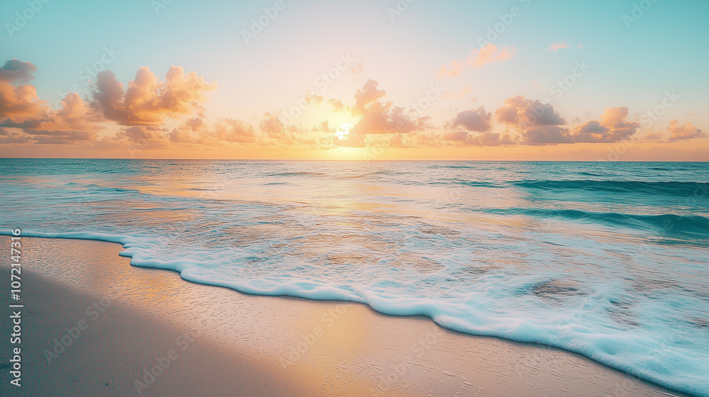 Obraz premium A picturesque beach scene at sunrise with calm waves lapping on the shore.