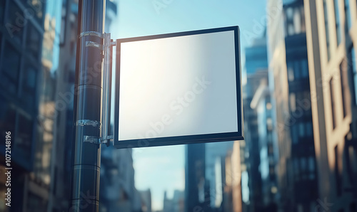 Modern blank sign mockup hanging from a metal pole on a city street  photo