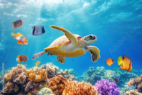 Sea turtle swimming among vibrant coral reef and colorful fish photo