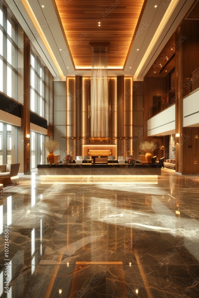 Modern Luxury Hotel Lobby with Waterfall Feature Modern Luxury Hotel Lobby with Waterfall Feature