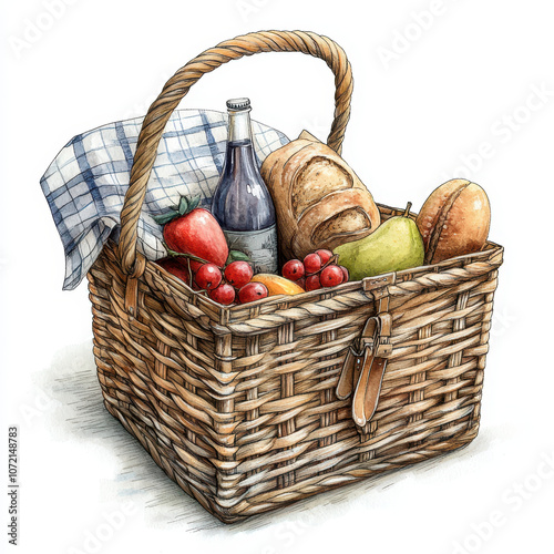 Picnic Basket with Bread,Cheese and Fresh Vegetables,Rustic Outdoor Meal in the Countryside photo