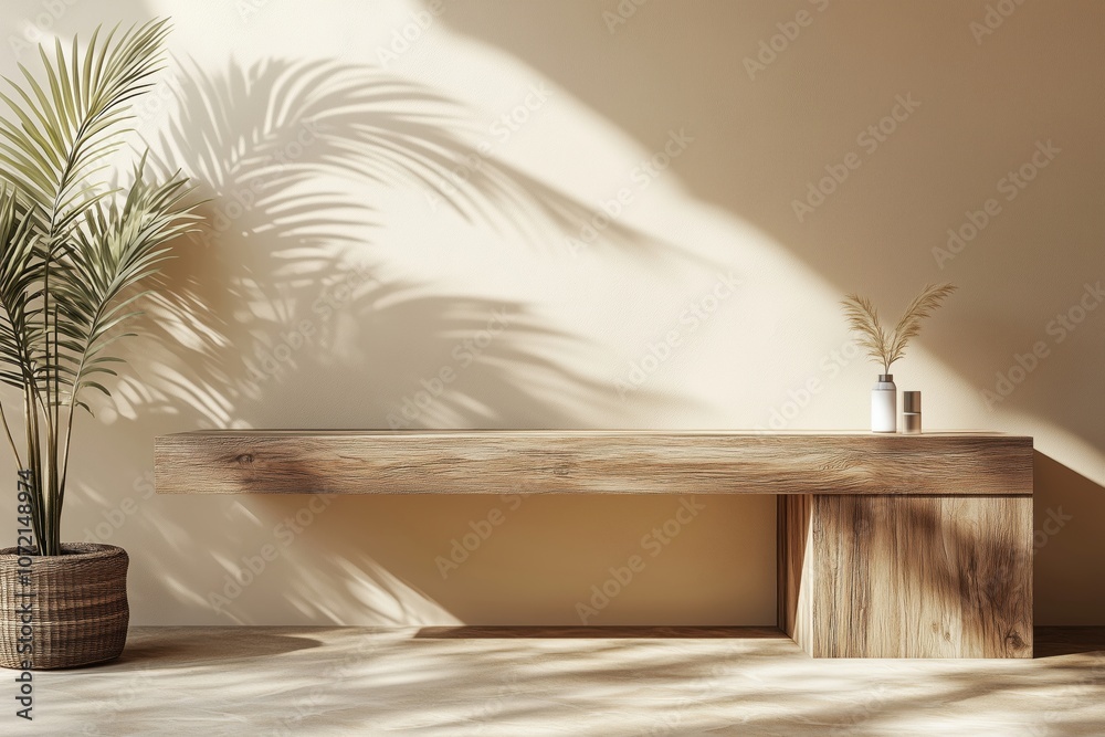 Minimalist wooden table with plant and decor, soft shadows on wall Minimalist wooden table with plant and decor, soft shadows on wall