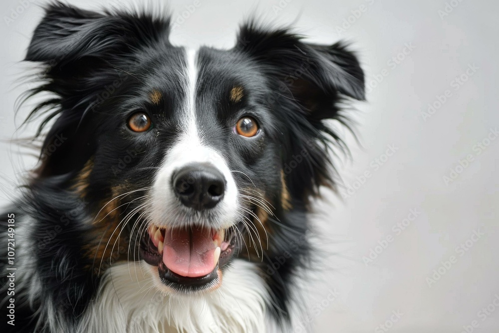 A smiling Border Collie dog with black and white fur A smiling Border Collie dog with black and white fur