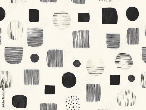 A minimalist pattern featuring simple hand-drawn circles and squares in a monochromatic palette, perfect for understated wallpapers, notebooks, or branding elements