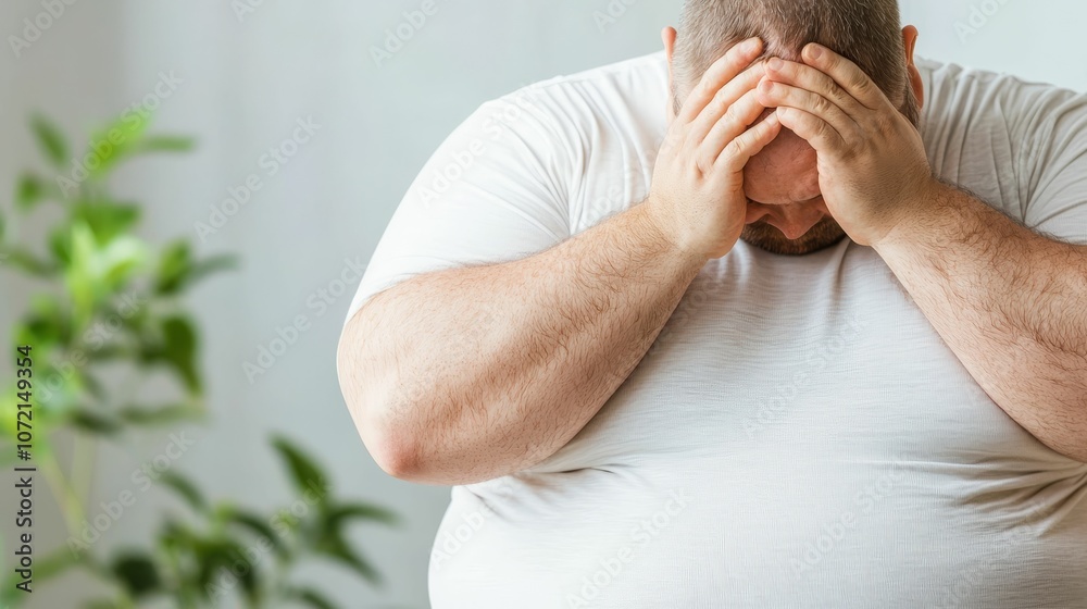 Obese man holding head in hands, concept of chronic obesity and mental health