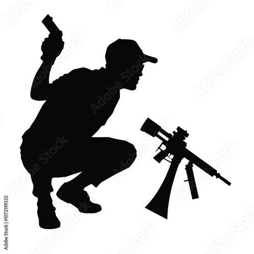 a black silhouette of a man in a crouching position, holding a gun in his right hand