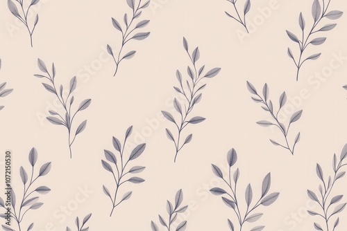 A minimalist pattern featuring small, repeated line-drawn leaves and branches in a soft gray on a pastel background, evoking a natural