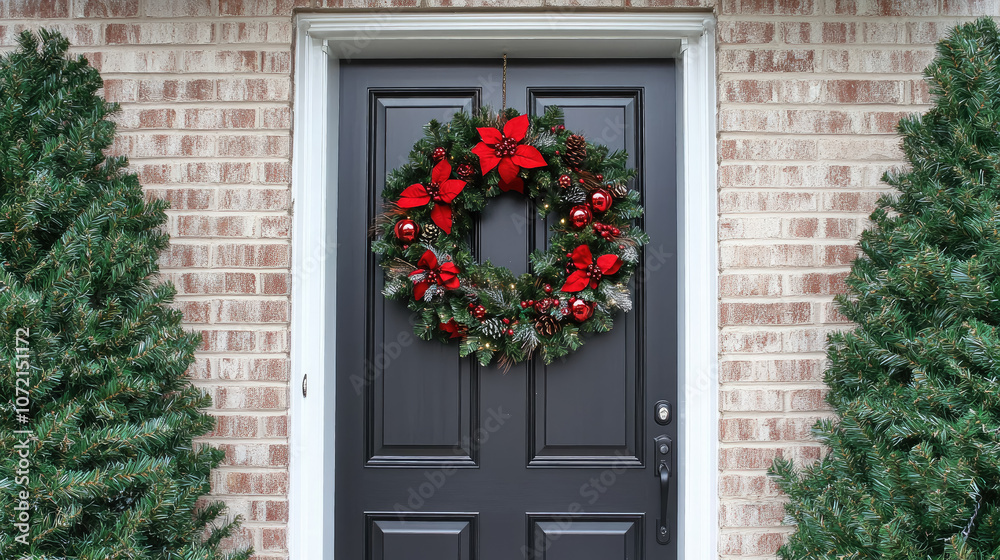elegant christmas wreath on house door, new year decor, winter, decoration, fir branches, christmas balls, building facade elegant christmas wreath on house door, new year decor, winter, decoration, fir branches, christmas balls, building facade