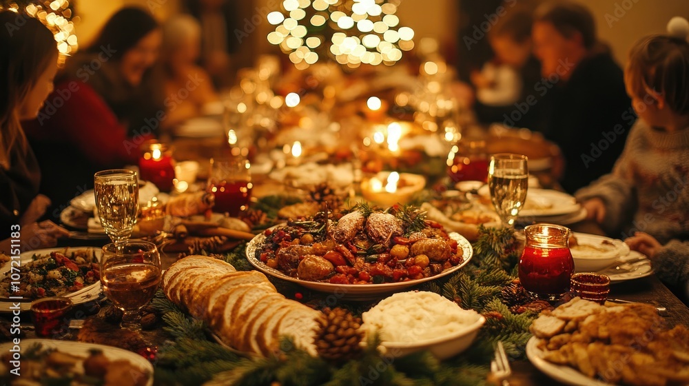 A large family gathers around a beautifully decorated table for a Christmas dinner, enjoying the delicious food and warm atmosphere. A large family gathers around a beautifully decorated table for a Christmas dinner, enjoying the delicious food and warm atmosphere.