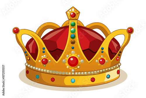 Gold crown with jewels and red velvet, isolated on a white background