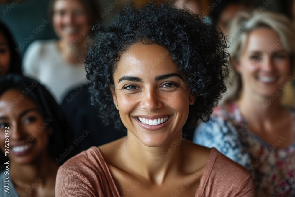 Smiling woman in audience, diverse group, joyful atmosphere, engaging event