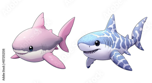 Two cute cartoon sharks, one pink and one blue, swimming on a white isolated background. photo