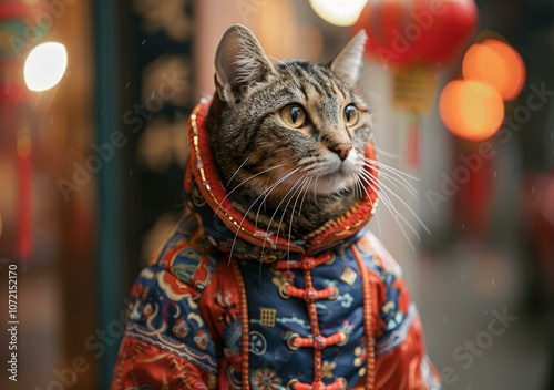 A cat wearing a Chinese traditional costume is sitting on the street and looking around