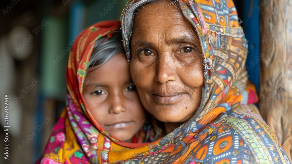 Fototapeta premium Portrait of a Mother and Child in Colorful Traditional Garments