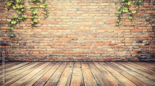 A rustic brick wall with wooden flooring and green vines for a warm, inviting atmosphere.