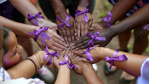 A circle of hands adorned with purple ribbons, symbolizing unity and support.
