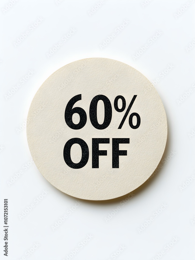 Black '60% OFF' Text on a Ivory Round Paper Note. White Background Black '60% OFF' Text on a Ivory Round Paper Note. White Background