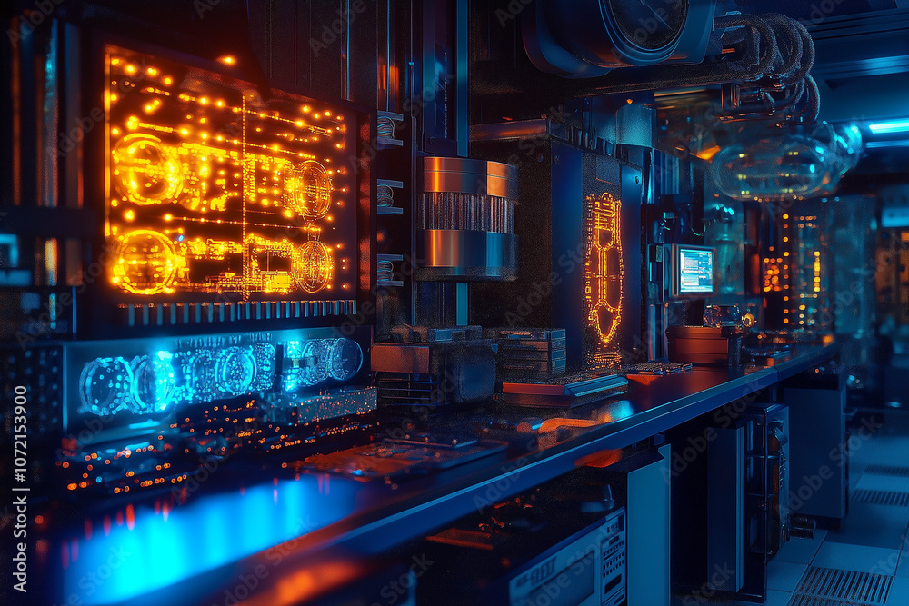 A quantum computing lab filled with glowing quantum A quantum computing lab filled with glowing quantum
