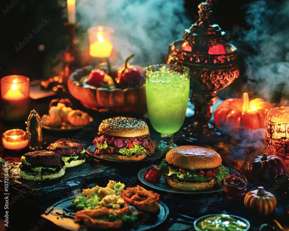 Fototapeta premium Spooky Halloween Feast with Burgers and Green Drink.