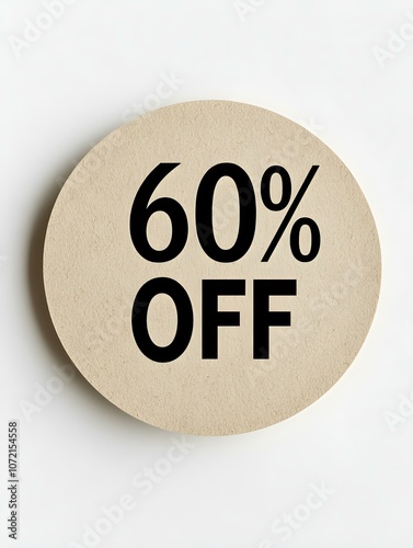 Black '60% OFF' Text on a Khaki Round Paper Note. White Background 