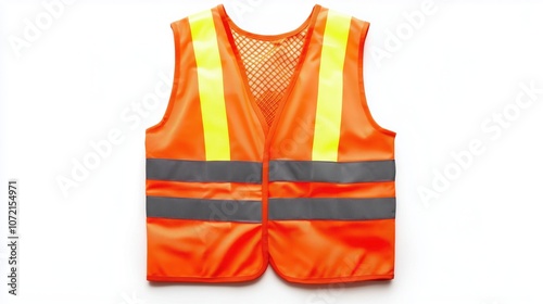 A safety vest with reflective stripes is on a white background. The vest is orange and yellow. The vest is designed to be worn for safety purposes