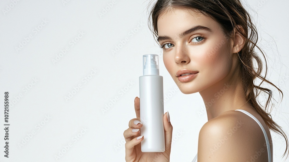 Elegant Portrait of a Young Woman Holding a Skincare Product with Radiant Glow Elegant Portrait of a Young Woman Holding a Skincare Product with Radiant Glow