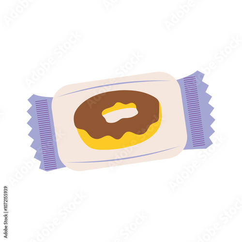 Icing donut in package in flat design. Sweet snack dessert in plastic bag. Vector illustration isolated.