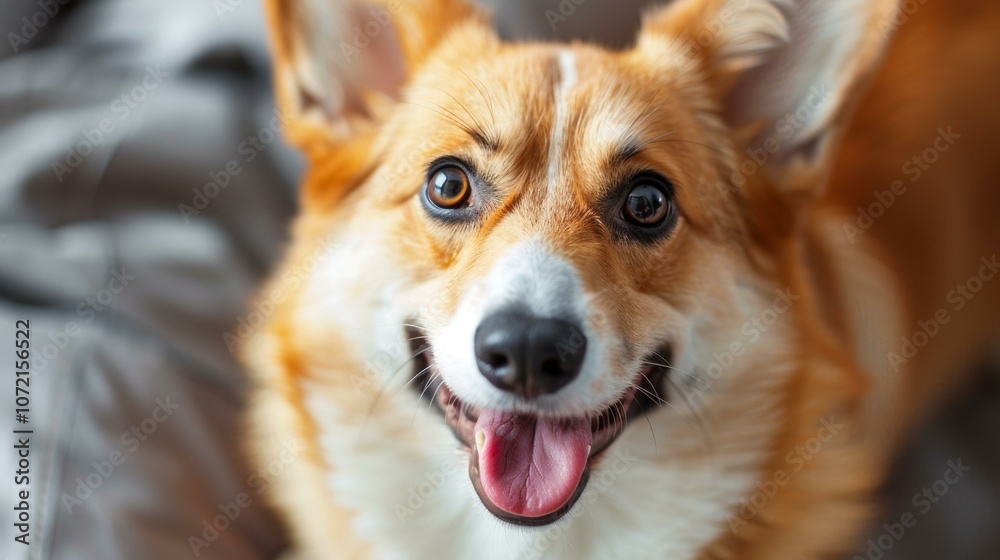 A cute corgi dog is smiling with its tongue out A cute corgi dog is smiling with its tongue out
