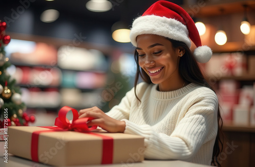 woman in santa claus hat wraps christmas gift