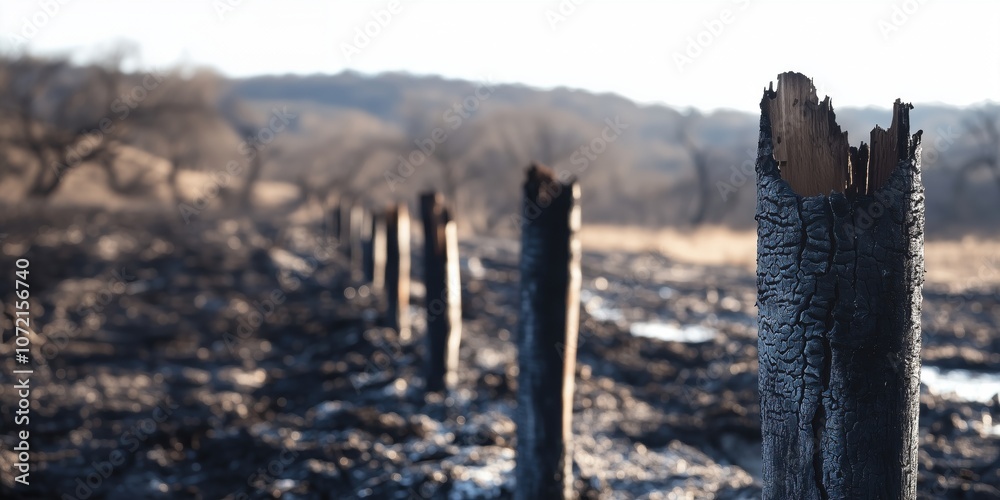Burnt tree stumps in charred landscape, remnants of wildfire devastation Burnt tree stumps in charred landscape, remnants of wildfire devastation